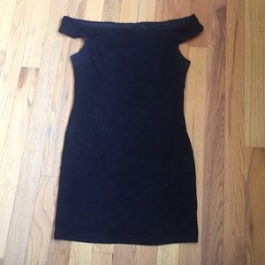 Black cocktail dress, bare shoulder cut